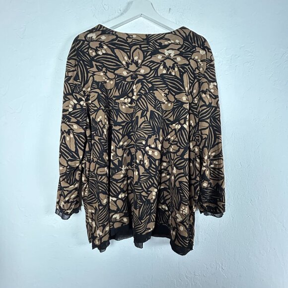 Sigrid Olsen Womens 2X Floral Print 3/4 Sleeve V-Neck Top Black Brown Casual - Picture 2 of 7